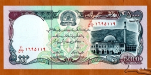 Afghanistan | 
5,000 Afghanis, 1993 | 

Obverse: Seal of The Afghanistan Bank, and Pul-e Kheshti Mosque | 
Reverse: Mausoleum of Ahmad Shah Durrani in Kandahar | 
Watermark: Seal of The Afghanistan Bank | Banknote