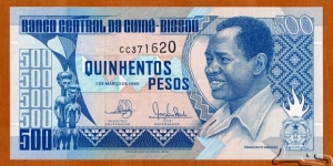 Guinea-Bissau | 
500 Pesos, 1990 | 

Obverse: Country's first Prime Minister Francisco Mendes (Chico Té) (1939-1978), and Wood carved statuettes | 
Reverse: Slave trade scene with sailing ships | 
Watermark: BCG | Banknote