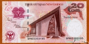 Papua New Guinea | 
20 Kina, 2008 – 35 Years Anniversay Bank of PNG | 

Obverse: Bird of Pradise – the National Coat of Arms and The National Parliament Building | 
Reverse: Head of a Boar and Toea bracelet from Central Province | 
Watermark: Bank of Papua and New Guinea logo | Banknote