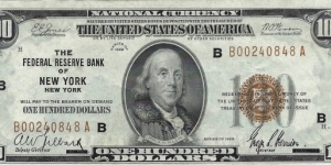 USA 100 Dollars
1929 
National Currency Banknote