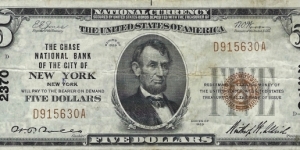 USA 5 Dollars
1929
National Currency
(The Chase National Bank of the City of New York) Banknote