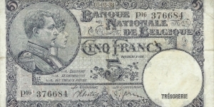 BELGIUM 5 Francs
1938 Banknote