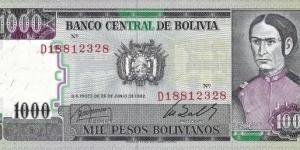 BOLIVIA 1000 Pesos Boliviano
1982 Banknote
