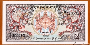Bhutan | 
2 Ngultrum, 1986 | 

Obverse: The Government crest and Two dragons | 
Reverse: Simtokha Dzong Palace | Banknote