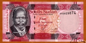 South Sudan | 
5 Pounds, 2011 | 

Obverse: Portrait of Dr. John Garang de Mabior (1945-2005), was a Sudanese politician and revolutionary leader, and Dinka warrior spear | 
Reverse: Sanga Juba cattle of the Dinka people | 
Watermark: Dr. John Garang de Mabior, Electrotype '5' and Cornerstones | Banknote