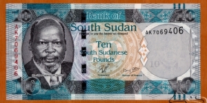 South Sudan | 
10 Pounds, 2011 | 

Obverse: Portrait of Dr. John Garang de Mabior (1945-2005), was a Sudanese politician and revolutionary leader, and Dinka warrior spear | 
Reverse: Buffaloes, and Pineapple | 
Watermark: Dr. John Garang de Mabior, Electrotype '10' and Cornerstones | Banknote