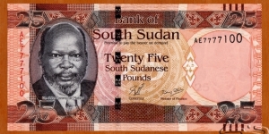 South Sudan | 
25 Pounds, 2011 | 

Obverse: Portrait of Dr. John Garang de Mabior (1945-2005), was a Sudanese politician and revolutionary leader, and Dinka warrior spear | 
Reverse: Oryx antelopes, and Oil derrick | 
Watermark: Dr. John Garang de Mabior, Electrotype '25' and Cornerstones | Banknote
