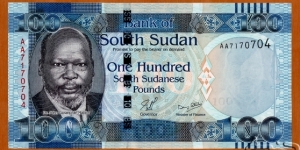 South Sudan | 
100 Pounds, 2011 | 

Obverse: Portrait of Dr. John Garang de Mabior (1945-2005), was a Sudanese politician and revolutionary leader, and Dinka warrior spear | 
Reverse: Lion, and Waterfall | 
Watermark: Dr. John Garang de Mabior, Electrotype '100' and Cornerstones | Banknote