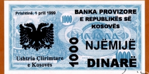 Kosovo | 
1,000 Dinarë, 1999 | 

Obverse: Church of St. Sophia, overprint of Albanian two headed eagle and denomination in Albanian, New date, bank name and issuer added. The text reads 