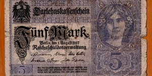 German Empire | 
5 Mark, 1917 | 

Obverse: Portrait of a German Woman | 
Reverse: National Coat of Arms | 
Watermark: Ornamental repeated pattern | Banknote