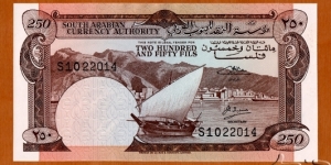 South Arabia | 
250 Fils, 1965 | 

Obverse: Dhow boat with Port of Aden in background | 
Reverse: Date Palm tree | 
Watermark: Date Palm tree | Banknote
