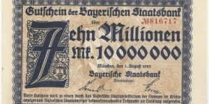 Germany-Bayerische Staatsbank 10 Million Mark 1923 Banknote