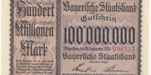 Germany-Bayerische Staatsbank 100 Million Mark 1923 Banknote