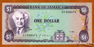 Jamaica | 
1 Dollar, 1990 | 

Obverse: Portrait of Sir William Alexander Clarke Bustamante (1884-1977), and Lignum Vitae (Guiacum Officinale) – the national flower of Jamaica | 
Reverse: Archipelago scene | 
Watermark: Pineapple | Banknote