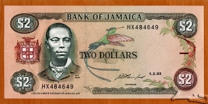 Jamaica | 
2 Dollars, 1993 | 

Obverse: Portrait of Paul Bogle (1822-1865), was a Jamaican Baptist deacon and activist and a National Hero of Jamaica, and Doctor Bird (Trochilus polytmus) – the national bird of Jamaica | 
Reverse: Schoolchildren  | 
Watermark: Pineapple | Banknote