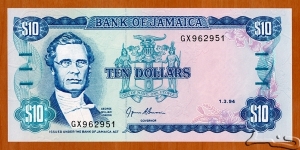 Jamaica | 
10 Dollars, 1994 | 

Obverse: George William Gordon (1820-1865), was a wealthy mixed-race Jamaican businessman, magistrate and politician, and National Coat of Arms | 
Reverse: Bauxite mining scene | 
Watermark: Pineapple | Banknote