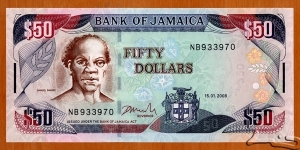 Jamaica | 
50 Dollars, 2008 | 

Obverse: Portrait of Samuel Sharpe (aka Sam Sharpe) (1801-1832), is a National Hero of Jamaica and was an enslaved African Jamaican man who was the leader of the widespread 1832 Baptist War slave rebellion (aka the Christmas Rebellion), and the flowers Morning glory (Ipomoea) and Shrubby Cinquefoil (Dasiphora fruticosa) | 
Reverse: View of Doctor's Cave Beach in Montego Bay | 
Watermark: Samuel Sharpe, Parrot, and Electrotype '50' | Banknote