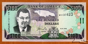Jamaica | 
100 Dollars, 2004 | 

Obverse: Portrait of Sir Donald Sangster (1911-1967), was a Jamaican solicitor and the second Prime Minister of Jamaica, Map of Jamaica, and Jacaranda (Jacaranda mimosifolia) flower and the national fruit Ackee (Blighia sapida) | 
Reverse: Dunn's River Falls near Ocho Rios | 
Watermark: The red-billed streamertail, and Flower | Banknote