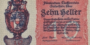 LIECHTENSTEIN 10 Heller
1920 Banknote
