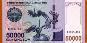 Uzbekistan | 
50,000 So‘m, 2017 | 

Obverse: Uzbekistan National Coat of Arms, National ornaments, and 