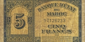 MOROCCO 5 Francs
1943 Banknote