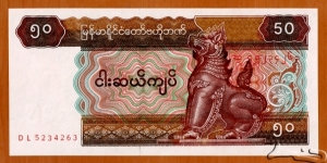 Union of Myanmar | 
50 Kyats, 1997 | 

Obverse: Mythical animal Chinthe lion | 
Reverse: Lacquerware artisan | 
Watermark: Chinthe bust above denomination | Banknote