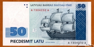Latvia | 
50 Latu, 1994 | 

Obverse: Stylised oak leaf, Ancient sailing ship, and Vertical ornamental band composed of the motif of Lielvārde belt | 
Reverse: Historical small Coat of Arms of Riga, The city plan of medieval Riga, and National Coat of Arms | 
Watermark: Milda (a Latvian folk-maid) in profile | Banknote