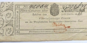 6 Frank-1811-20 Kigdom of Westphalie --Napoleon satelite kingdom in Germany 6 Frank Banknote
