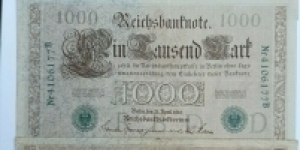 

1000 Mark. Date 1910, Green Seal, Green digitnumber, 6-7  Printed after November 25, 1919. Ros 46a-b Banknote