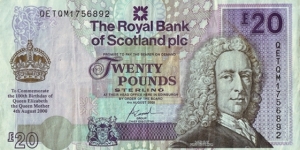 Scotland 2000 20 Pounds.

100th. Birthday of Queen Elizabeth the Queen Mother. Banknote