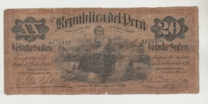 Peru Reserve Bank of Peru 1879 20 Sol de Oro Banknote