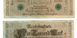 1000 MARK 1910 issued 1919 with green seal, with 6 digits RARE 1000 MARK  1910 with red digits, and red seal. Banknote
