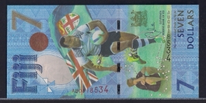 $7 Polymer. Rugby 7s Olympic Gold Medal Commemorative issue banknote. Fiji's first and only Olympic medal.  Banknote