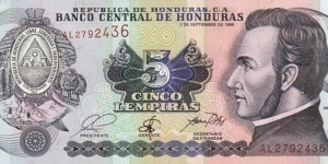 
5 L - Honduran lempira
Printer: De la Rue, London. Banknote