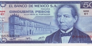 50 $ - Mexican peso
Brown guilloche at upper left on back
Front: Government palace at left, Benito Juárez at right, bank title with S. A. 3 signatures and signature varieties, red and black series letters and serial #. Back: Temple and Zapotec figural urn. brown seal at right. Banknote