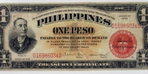 ONE SILVER PESO 1936 Philippines Islands, Series 1936, 1 Peso Treasury Cert Red Seal  Banknote