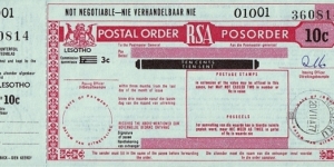 Lesotho 1977 10 Cents postal order.

Issued at Maseru. Banknote