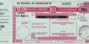Lesotho 1977 20 Cents postal order.

Issued at Maseru. Banknote