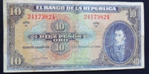 BANKNOTE COLOMBIA 10 PESOS 1949 8 DIGITS P389 REF CO-524 FOR SALE  Banknote