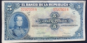 COLOMBIA BANKNOTE 5 PESOS 1949 SANTANDER SERIE M 8 DIGITOS FOR SALE  Banknote
