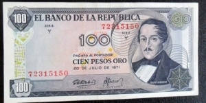 BANKNOTE COLOMBIA 100 PESOS 20 Jul 1971 8 Digitos REF CO-516 FOR SALE  Banknote