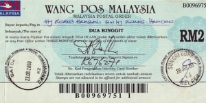 Malacca 2000 2 Ringgit postal order. Banknote