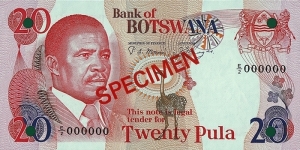 Botswana N.D. 20 Pula.

Specimen. Banknote