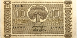 10 Markkaa (Litt.D / Raittinen & Aspelund) Banknote