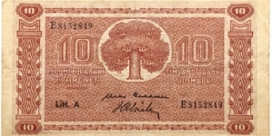 10 Markkaa (Litt.A / Kekkonen & Alsiala signatures) Banknote