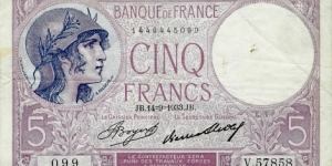 FRANCE 5 Francs 1933 Banknote