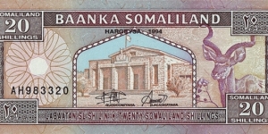 Somaliland 1994 20 Shillings. Banknote
