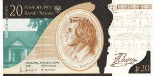 Poland 20 zloty 200th Anniversary: Birth of Frédéric Chopin commemorative issue 2009 Banknote
