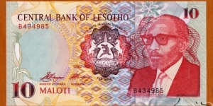 Lesotho | 10 Maloti, 1990 | Obverse: Bust of King Moshoeshoe II (1938-1996), and National Coat of Arms | Reverse: Basotho horseman in maize field | Watermark: King Moshoeshoe II | Banknote