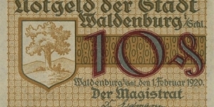 10 Pfennig Notgeld City of Waldenburg. Now City in Poland. Wałbrzych. Banknote